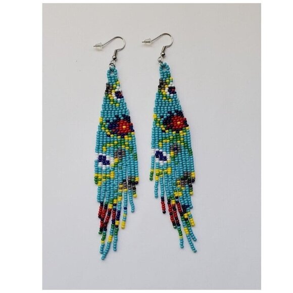 Handcrafted Beaded Dangle Earrings Boho Floral Beaded Fringe Cottage core - Picture 1 of 2